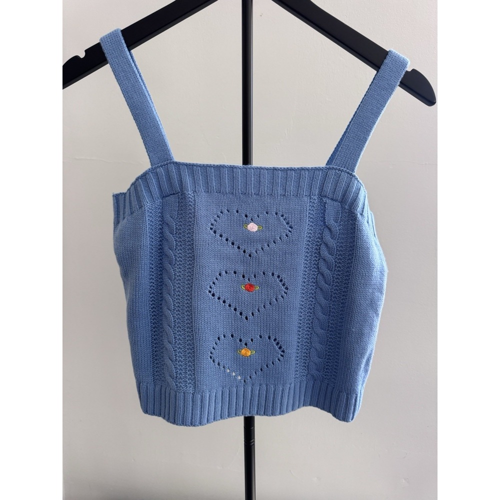NWT 525 Blue Knit Crop Tank Top Floral Cottagecore Sweater Cami S